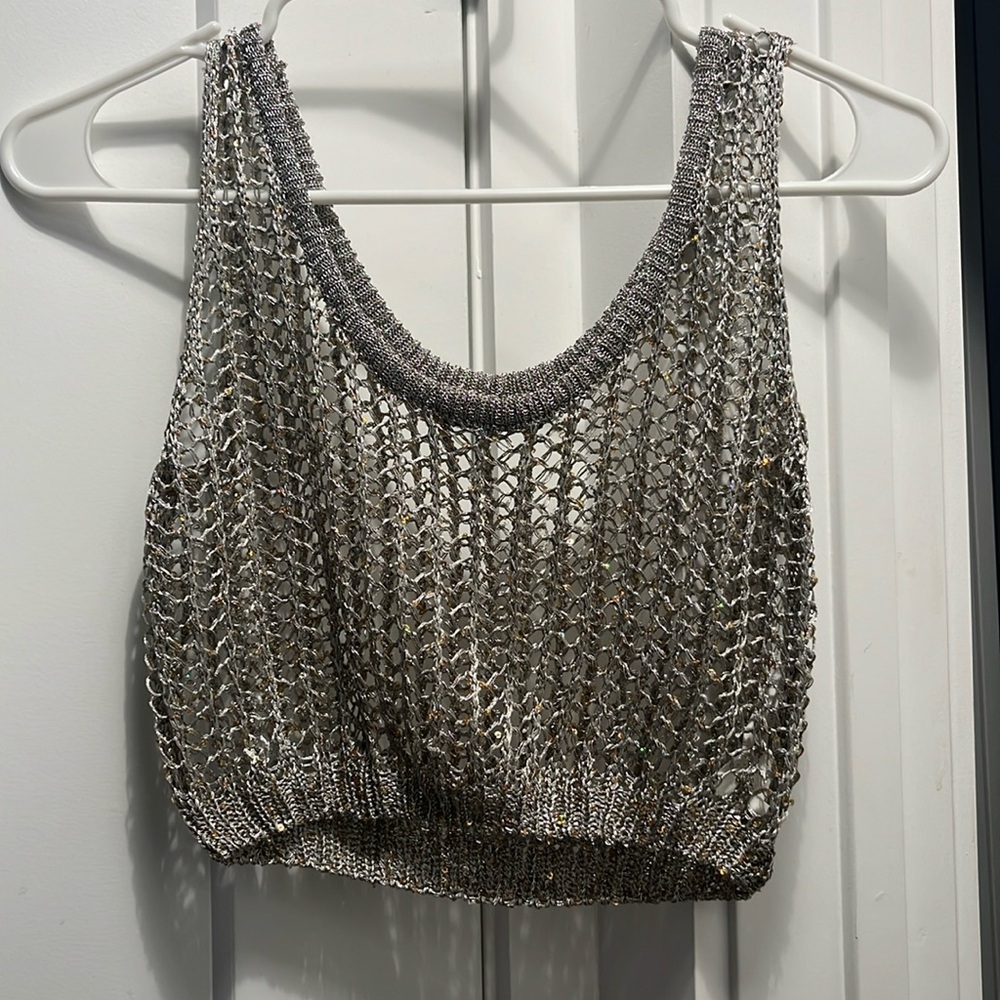 Nasty Gal Silver Crochet Sequins NYE or Festival Crop Top